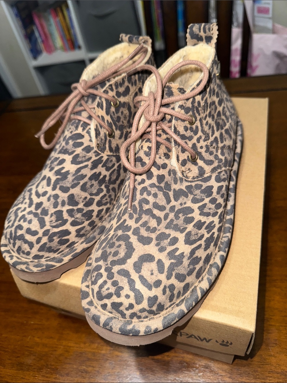 Bearpaw Leopard Print Sherpa Lined Ankle Boots - Brown